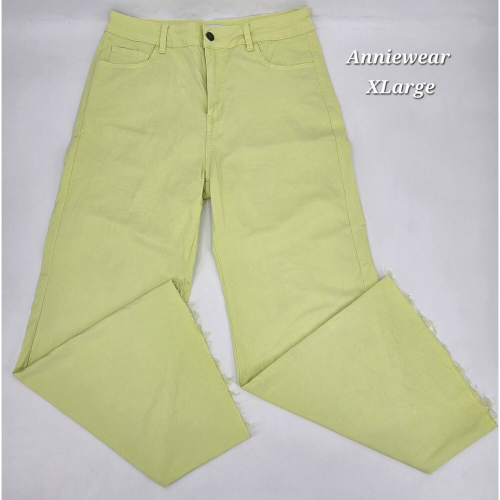 Anniewear Acid Yellow Jeans XL High Rise Straight Leg Raw Hem Bright Winter
